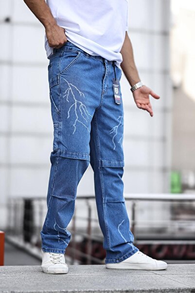 comstar Erkek Wide Leg Bol Paça Basic Mavi Baggy Pantolon