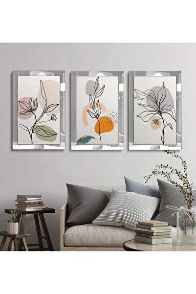 Genel Markalar Modern Çiçek Desenli Aynalı Pleksi Çerçeveli Mdf Tablo 3 Lü Set