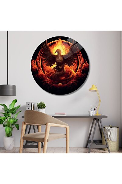 GAAGART Yuvarlak Temperli Gerçek Cam Tablo Ateş ve Anka Kuşu Simurg