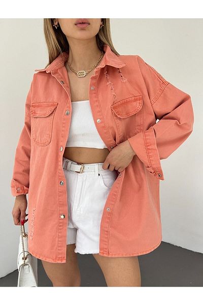 LB Laluna Butik Women's Ripped Detailed Casual Cut Shirt Jacket with Chest Pocket and Snap Closure