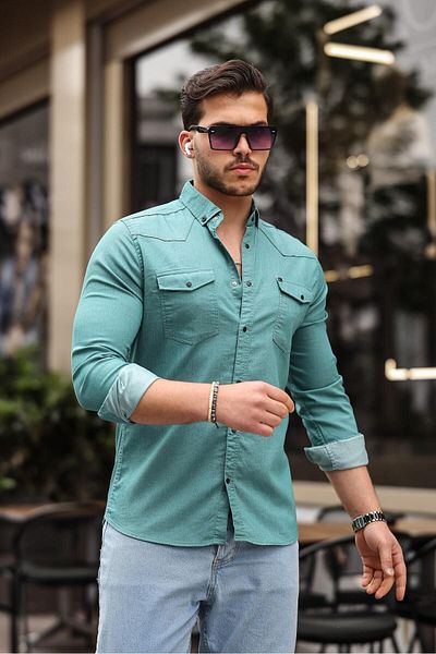 comstar Ανδρικό πουκάμισο Slim Fit Basic Πράσινο τζιν με τσέπες με κουμπωτό κουμπωτό