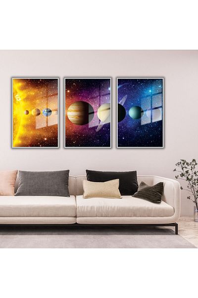 GAAGART Set de 3 mese din sticlă cu cadru metalic Soare și planete