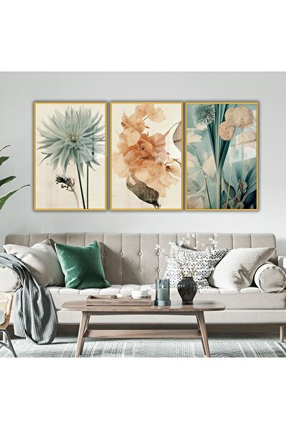 GAAGART 3'lü Metal Çerçeveli Cam Tablo Seti Boho Pastel Çiçekler