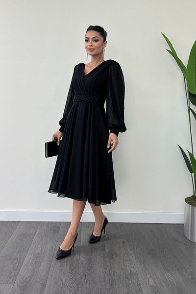 giyimmasalı Chiffon Fabric Pearl Detailed Midi Dress - BLACK