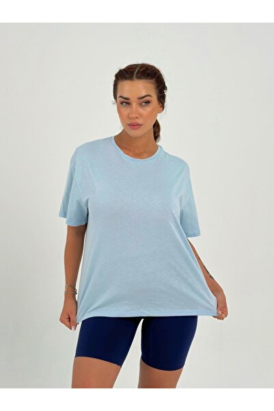 Maison La Femme Kadın Bebe Mavisi Baskısız Basıc Pamuklu Oversize T-shirt