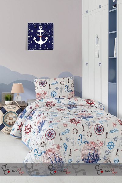 Fabric Box Maritime Sketches - Single Patterned Summer Quilt Set, Washable 155 x 215 cm + 1 Pillow Case