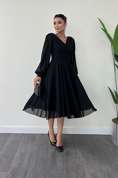 giyimmasalı Chiffon Fabric Pearl Detailed Midi Dress - BLACK