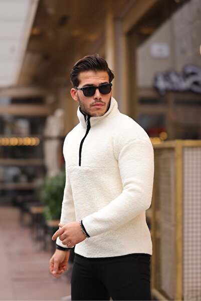 comstar Erkek Yarım Fermuarlı Kışlık Kalın Krem Peluş Sweat