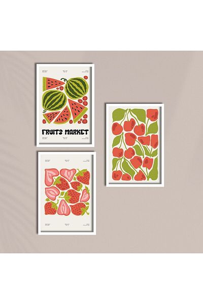 GAAGART Pictură MDF din 3 piese cu cadru laminat din lemn abstract pepene verde cireș căpșuni