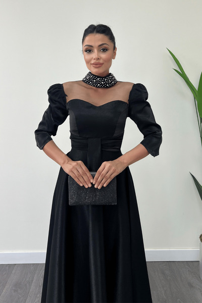 giyimmasalı Midi šaty se saténovým designem z taftové tkaniny - ČERNÉ