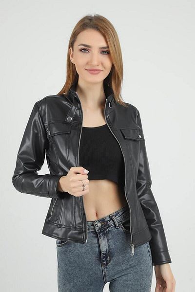 comstar Women's Zippered Faux Leather Loose Black Short Biker Jacket