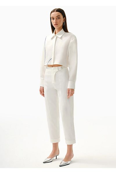 KNTLGY White Double-breasted Belted Carrot Cut Women's Trousers