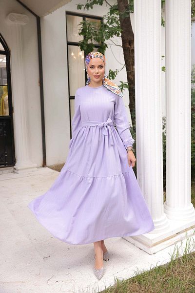 comstar Rochie lungă liliac cu curea, auto-texturată, elegantă