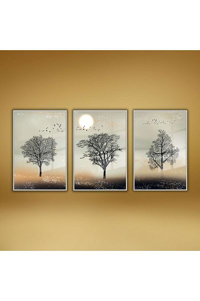 GAAGART Set de 3 mese din sticlă cu cadru metalic Design copac apus de soare