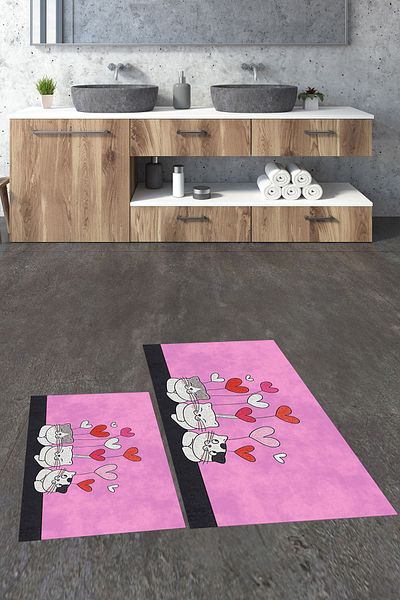 EY HOME Set de scaune de toaletă dublă pentru baie, imprimat, lavabil, cu model de pisici, WC-42-PINK,