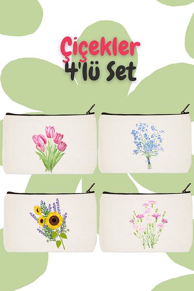 designedfy Geantă de machiaj din 4 piese cu imprimeu Campaign Flowers, suport pentru stilouri, portofel