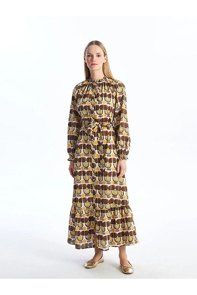 LC Waikiki LCW Modest Stand Collar Print Long Sleeve Women's Shirt Dress