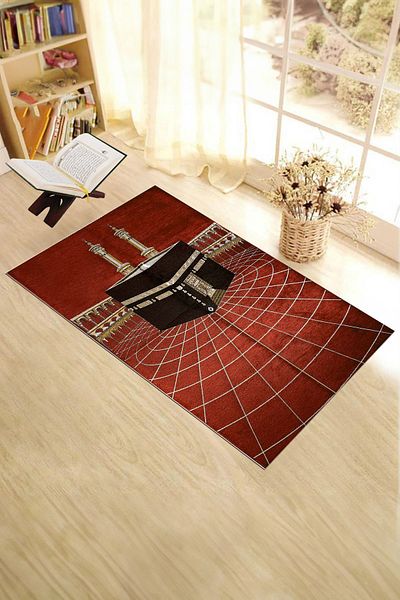 EY HOME Covor de rugăciune elegant, lavabil, imprimat digital, cu motiv Kaaba, 70x130, Seccade-48-roșu,