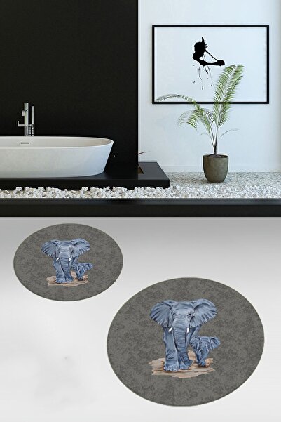 EY HOME طقم سجادة حمام دائرية حديثة بنمط الفيل، قابلة للغسل ومضادة للانزلاق