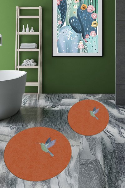 EY HOME Digital Washable Non-Slip Modern Bird Pattern Double Bathroom Mat Round Toilet Set