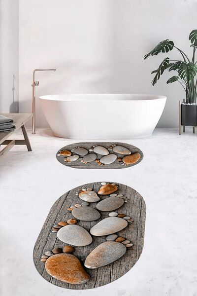 EY HOME Σετ τουαλέτας με διπλό οβάλ χαλάκι μπάνιου με αντιολισθητικό μοτίβο 3D ψηφιακό που πλένεται