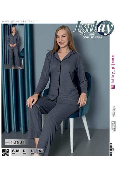 Işılay Set pijama cu guler cămașă din piele întoarsă