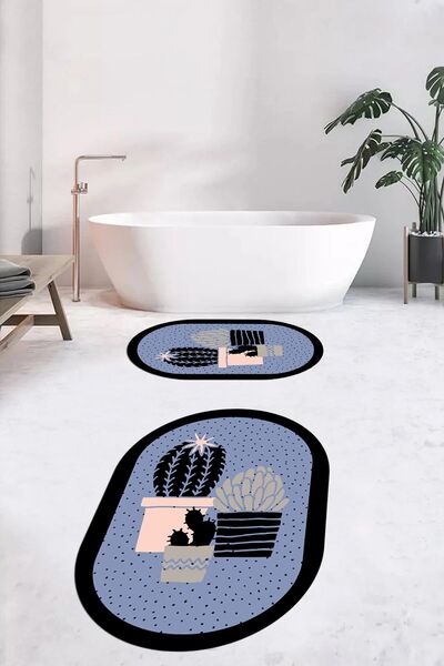 EY HOME Ψηφιακό πλενόμενο αντιολισθητικό σετ τουαλέτας με μοτίβο λουλουδιών κάκτου διπλό οβάλ χαλί μπάνιου