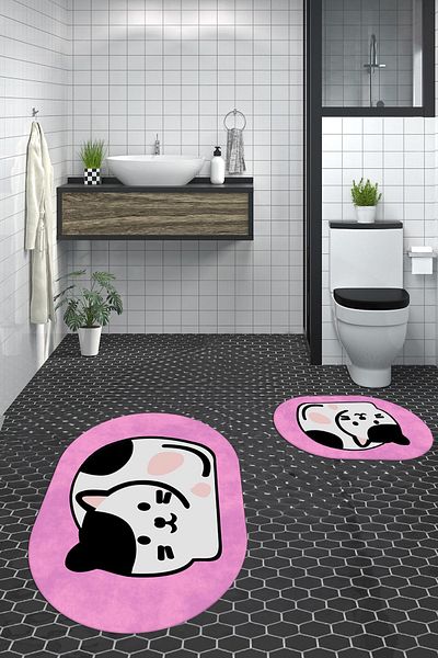 EY HOME Set de scaune de toaletă ovale, covoraș de baie dublu, lavabil digital 3D, cu model de pisică, OKLZT-43-PINK,