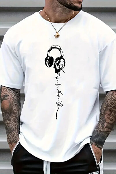Oversize Fit Tasarım Music İs Life  Baskılı Bisiklet Yaka Kısa Kollu %100 Pamuk Tişört
