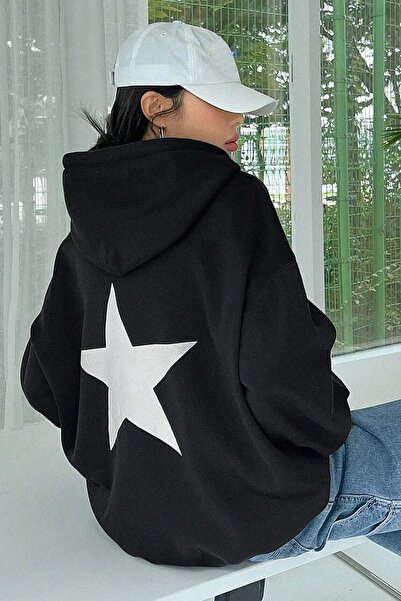 NOFLEN Hanorac oversize unisex din bumbac cu glugă cu imprimeu cu stele