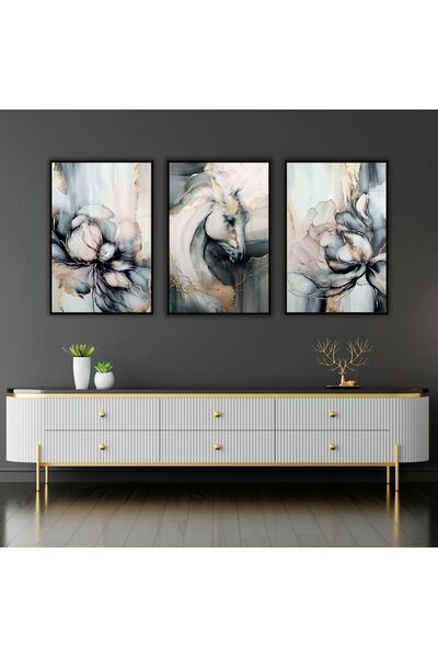 GAAGART 3'lü Metal Çerçeveli Cam Tablo Seti At ve Çiçek Baskılı