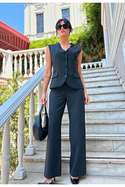 My Blog Polyviscon fekete csíkos mellény és nadrág szett