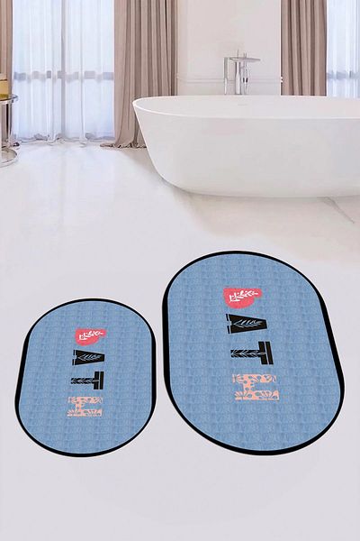 EY HOME Set de scaune de toaletă cu covoraș de baie oval dublu, lavabil, imprimat digital, cu scris de baie, OKLZT-8-BLUE,