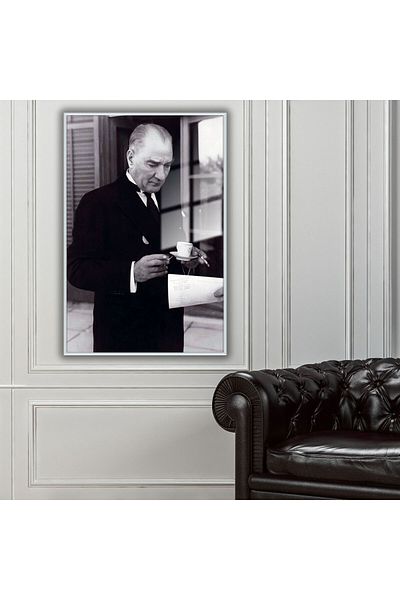 GAAGART Masă de birou din sticlă temperată cu cadru metalic Ataturk care băut cafea