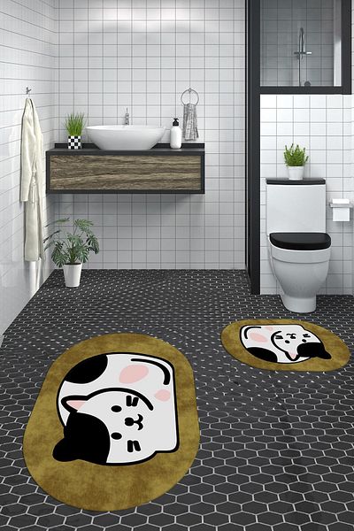 EY HOME Set de scaune de toaletă ovale, lavabile, cu model de pisică, 3D, lavabile, pentru baie dublă, OKLZT-43-BROWN,