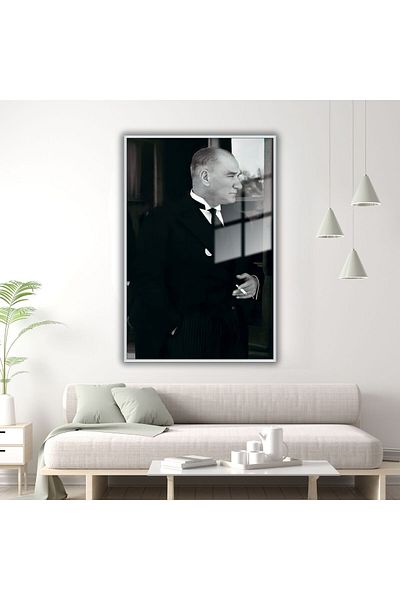 GAAGART Masă de birou din sticlă temperată cu cadru metalic Ataturk alb negru