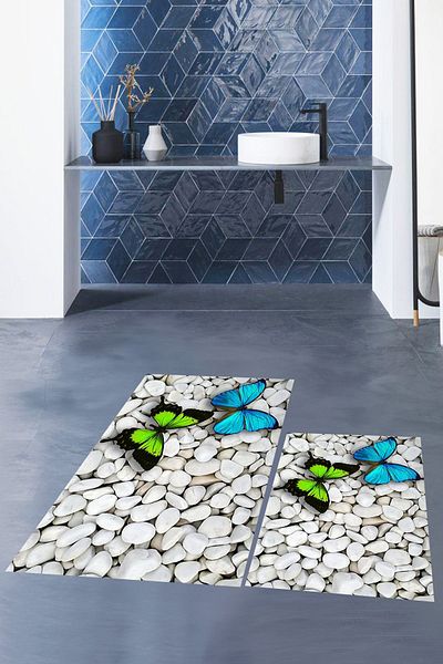 EY HOME Set de scaune de toaletă cu model de fluturi 3D, lavabil, ștergabil, dublu, covor de baie, KLOZET-45-RENKLİ,