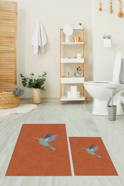 EY HOME Digital Washable Non-Slip Modern Bird Pattern Double Bathroom Rug Mat Toilet Set
