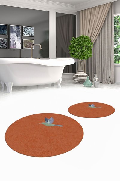 EY HOME Digital Washable Non-Slip Modern Bird Pattern Double Bathroom Mat Round Toilet Set