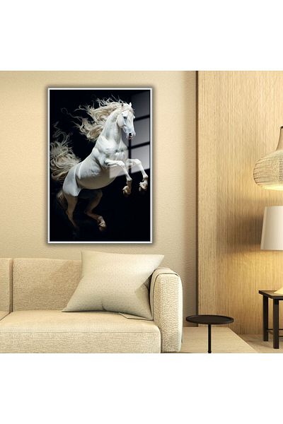 GAAGART Masă de sticlă cu cadru metalic Şaha Shield White Horse Image