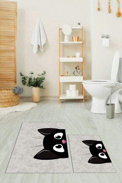 EY HOME Set de scaune de toaletă cu covor de baie dublu, lavabil, imprimat, cu model de pisică, WC-40-GRI,