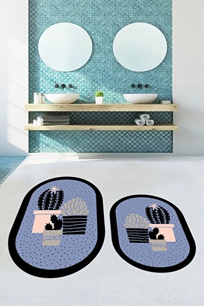 EY HOME Ψηφιακό πλενόμενο αντιολισθητικό σετ τουαλέτας με μοτίβο λουλουδιών κάκτου διπλό οβάλ χαλί μπάνιου