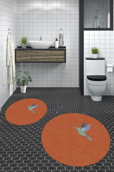 EY HOME Digital Washable Non-Slip Modern Bird Pattern Double Bathroom Mat Round Toilet Set