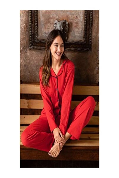 Ercan طقم بيجامة نسائي أحمر بأكمام طويلة موديل قميص