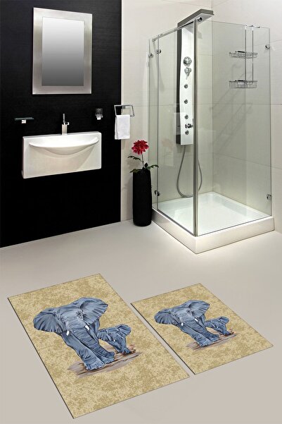 EY HOME Ψηφιακό πλενόμενο αντιολισθητικό μοντέρνο σετ καθίσματος τουαλέτας με μοτίβο ελέφαντα διπλό χαλάκι μπάνιου