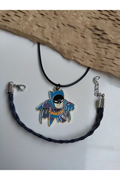 Esey Dizayn Batman Kolye Ve Deri Bileklik Lacivert - Erkek Çocuk Kolye
