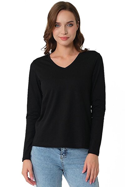 CrazyShopping Γυναικεία πλεκτή μπλούζα Basic Cotton με λαιμόκοψη V - Μακρύ μανίκι