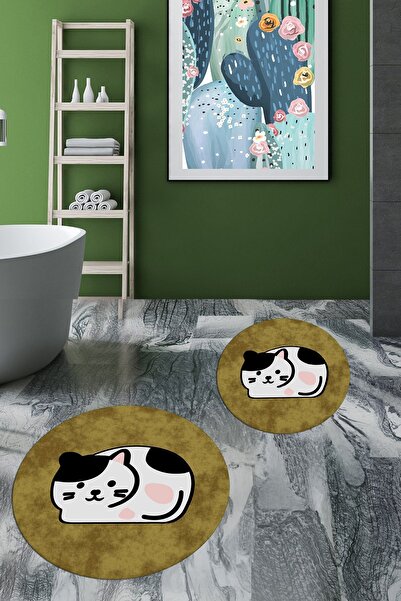 EY HOME Στρογγυλό σετ τουαλέτας με διπλό χαλάκι μπάνιου με αντιολισθητικό μοτίβο γάτας, ψηφιακό 3D, που πλένεται