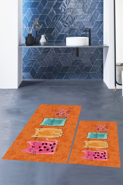 EY HOME Printed Washable Non-Slip Colorful Cats Patterned Double Bathroom Rug Toilet Set