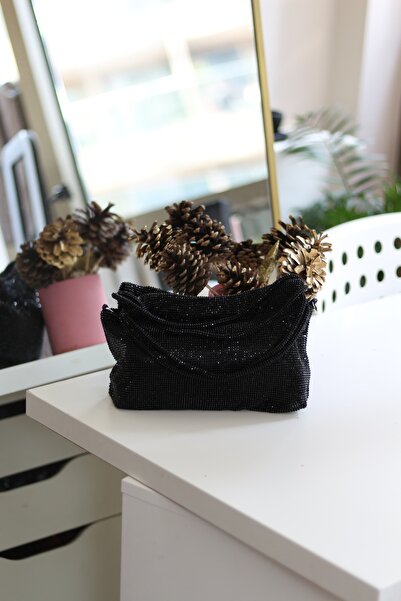 Moom Bag Γυναικεία βραδινή τσάντα φορέματος με κεντημένη μαύρη πέτρα - με διπλές λαβές